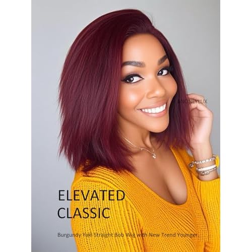 99J Burgundy Yaki Straight Bob Wig Human Hair Kinky Straight Lace Front Wigs Human Hair Pre Plucked with Baby Hair Pre Cut Lace Wig Short Wine Red Blunt Cut Bob Wigs 12 Inch
