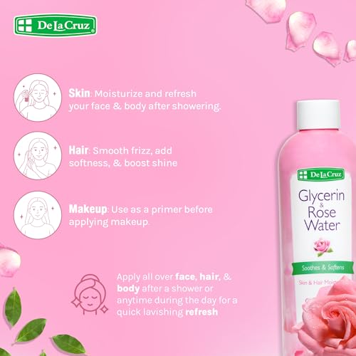De La Cruz Rose Water and Glycerin for Face - Rosewater Facial Toner and Moisturizer for Skin and Hair 8 fl oz (236 mL) - 2 Bottles