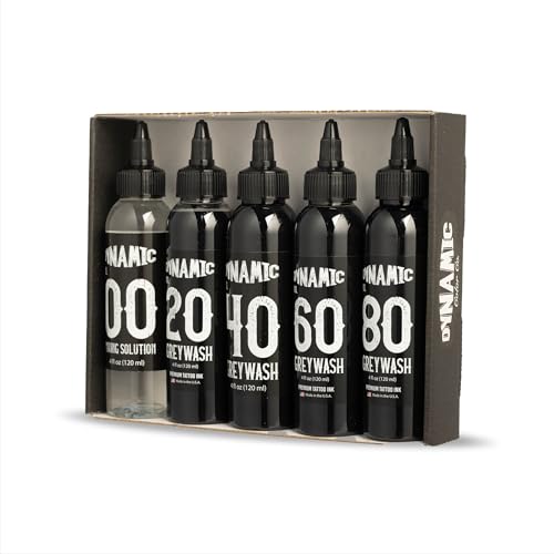 Dynamic Color Co - Greywash Set, Premade Tattoo Greywash, Includes 4 Shades Plus Mixing Solution, 5 Bottle Set, Made in USA, Sterile, Hospital Grade Water, Vegan (4 Ounce Bottles)