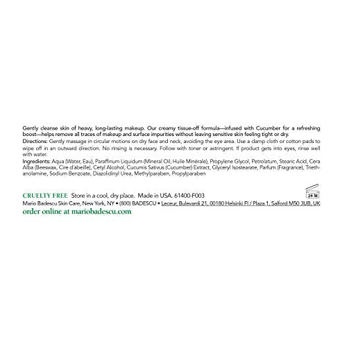 Mario Badescu Cucumber Makeup Remover Cream with Non-Greasy Formula - Emollient Cold Cream Makeup Remover for Heavy and Waterproof Make Up - Ideal for Dry or Sensitive Skin, 4 Oz