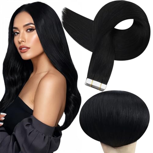 Full Shine Tape in Hair Extensions Human Hair 18Inch Remy Tape ins Human Hair Extensions Color 1 Jet Black Fashion Extension, Seamless Silky Straight Skin Weft 20Pcs 50G Add Length for Wedding