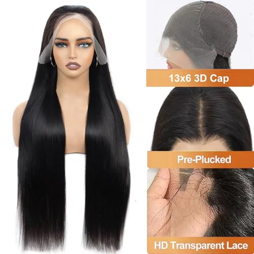 13x6 Lace Front Human Hair Wigs Straight Lace Front Wigs Real Hair for Women HD 200% Density Lace Frontal Human Hair Wig Pre Plucked with Baby Hair Natural Black Long Hair 34 Inch