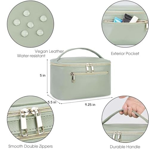 Wandering Nature Makeup Bag, Travel Make Up Organizer Cosmetic Brush Bags Case for Women in Vegan Leather, Sage Green, Patent Pending