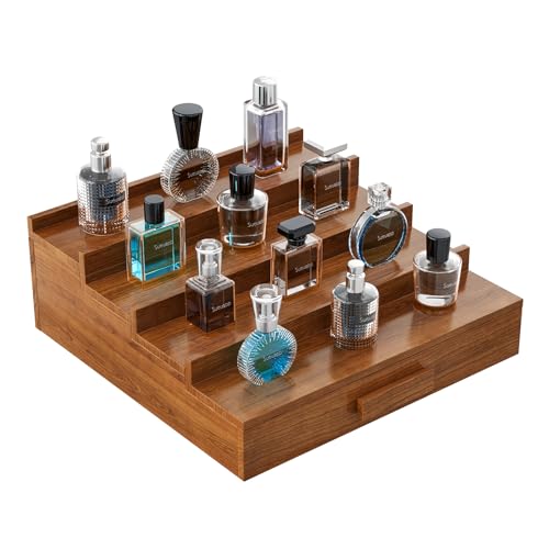 Cologne Organizer for Men,4 Tier Walnut Wood Cologne Stand,Cologne Shelf Display Holder with Hidden Storage and Drawer,Perfume Stand Organizer Great Gift for Men,Walnut