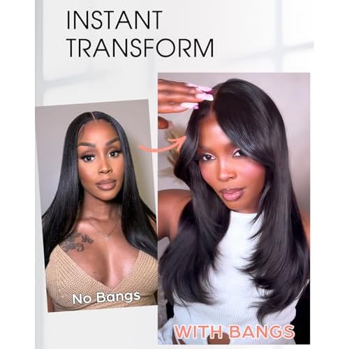 Face-Framing Layered Curtain Bangs Glueless Wigs Human Hair Pre Plucked Pre Cut HD Lace Front Wigs 6x6 Ready to Wear Butterfly Haircut Closure Wig Human Hair with Layered Curtain Bangs 18 Inch