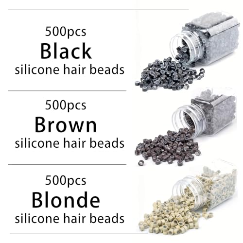 1500Pcs Silicone Beads for Hair Extensions, 3Colors 5mm Silicone Lined Beads Microlink Rings Hair Extensions Tool (Brown-Black-Blonde)