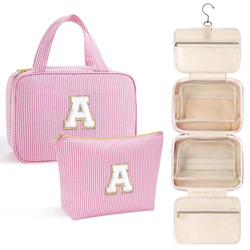 YOOLIFE Personalized Birthday Gifts for Women Teen Girls - Hanging Toiletry Bag Makeup Bag for Women Girls, Initial Toiletry Bag Makeup Bag, Letter A, Pink