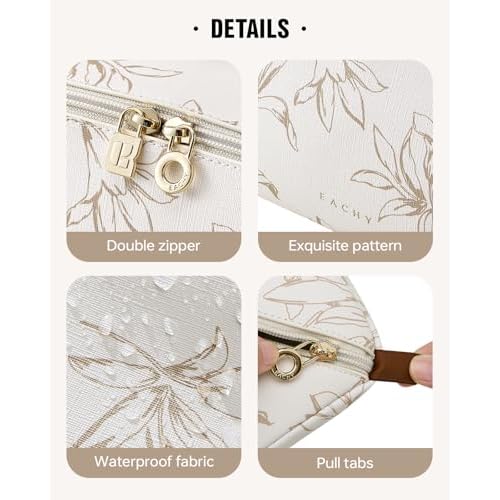 EACHY Travel Makeup Bag, Large Capacity Cosmetic Bags for Women, Waterproof Portable Pouch Open Flat Toiletry Bag Pattern Make up Bag (F-Beige)