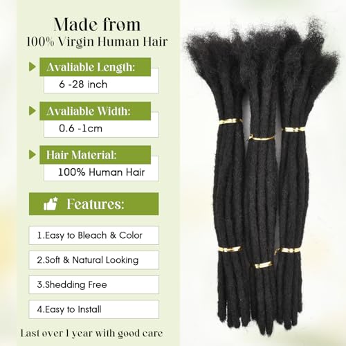 6Inch-18Inch Dreadlock Extensions Loc Extensions Human Hair for Men/Women 100% Real Human Hair (0.6CM Width-1B, 10 Inch-10 Strands)