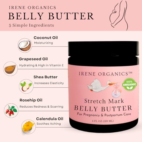 Organic Belly Butter for Pregnancy Stretch Mark Prevention and Treatment by Irene Organics - Award Winning Anti Stretch Mark Tummy Balm For Pregnancy and Postpartum 4oz - Hydrating Bump Cream