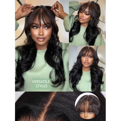 Beauty Forever Bye Bye Knots Black Fluffy Natural Loose Wave Curtain Bangs Wig Glueless Wigs Human Hair Pre Plucked Pre Cut 7x5 Lace Closure Ready to Wear Drawstring Wig for Women 180% Density 18 Inch