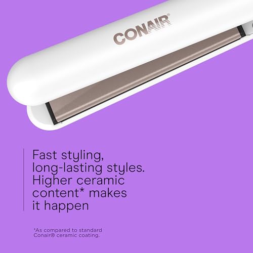 Conair Double Ceramic Flat Iron, 1-Inch Flat Iron Hair Straightener with Claw Clip, 5 Heat Settings, Extra-Long Floating Plates, White