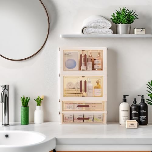A stackable desktop organizer with drawers and compartments, ideal for storing cosmetics, beauty tools, jewelry, and school supplies in a student dorm. Features a convenient magnetic door handle.