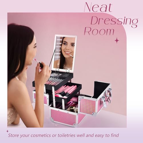 Joligrace Makeup Train Case Makeup Case Organizer Portable Cosmetic Box Storage with 2 Trays Mirror Locking Make Up Travel Case for Nail Kits Cosmetics Craft Traveling Makeup Box Mermaid Pink