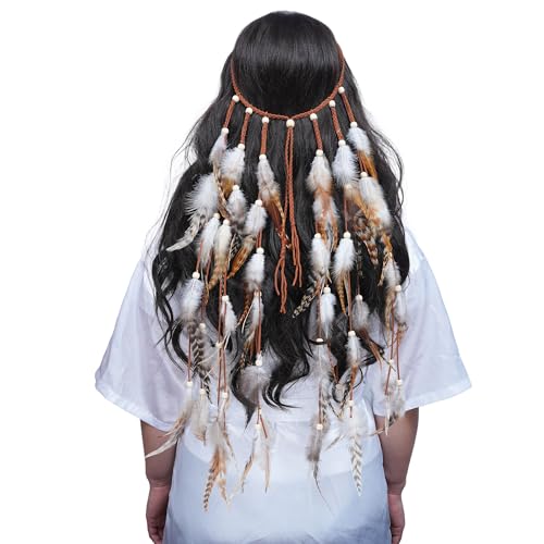 AWAYTR Feather Headband Women Festival Headwear Bohomia Feather Rope Crown Headdres For girls (White + Brown)