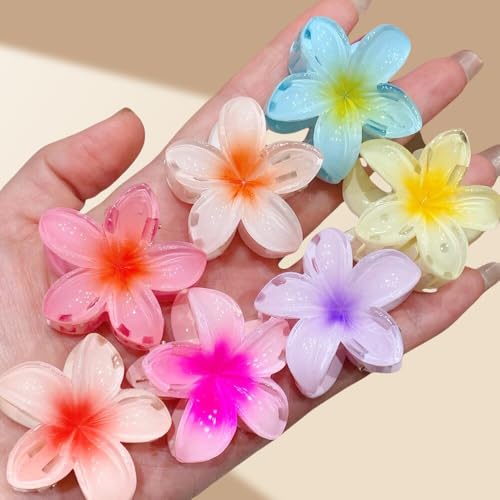 Flower Claw Clip,7pcs Medium Cute Non Slip Plumeria 4CM Hawaiian Hair Jaw Clip Hawaii Beach Tropical Hair Accessories for Thick,Thin Straight, Curly Wavy Hair, Gifts for Women Teen Girls (4CM)