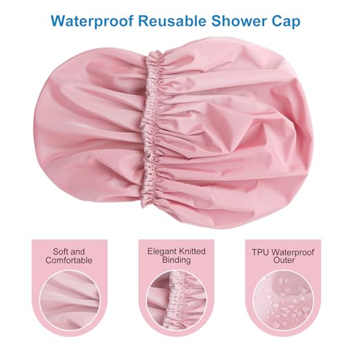 Shower Cap for Women, Double Layer Waterproof Bath Cap, Reusable Hair Protector, Large Waterproof Shower Bonnet Washable Elastic Band Bath Hair Hat for Long Hair, Braids£¬ - Pink