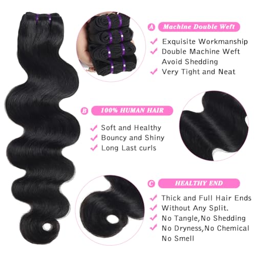 Beauty Queen 16A Body Wave Bundles Human Hair (20 18 16 Inch) 100% Unprocessed Brazilian Virgin Weave 3 Bundles Human Hair Full And Thick Remy Hair Extensions Natural Color for Women