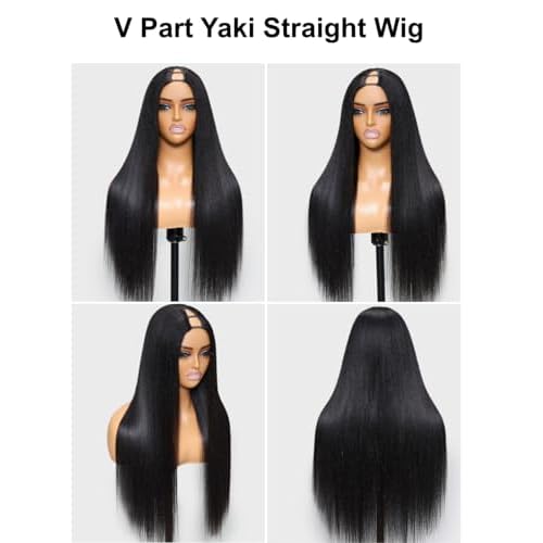 YIROO V Part Wig Yaki Straight Human Hair Wigs for Black Women Upgrade Upart Wig No Leave Out 12A Glueless Kinky Straight V Shape Clip in Half Wig No Glue No Sew Beginner Friendly 180% Density 22 Inch