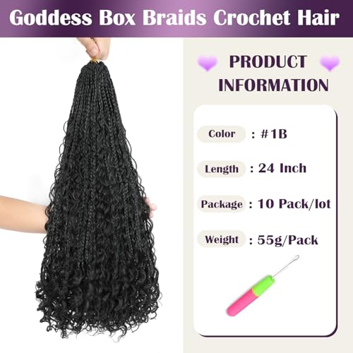 10 Packs Boho Crochet Braids Close to Human Hair Mix Protein Fiber 24 Inch Goddess Box Braids Crochet Hair Pre Looped Bohemian Box Braid with Curly Ends for Women Hair Extensions 1B