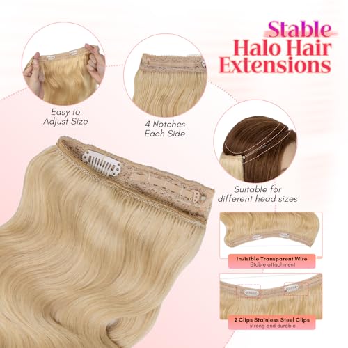 Rich Choices 100% Real Human Halo Hair Extensions Wave Remy Invisible Wire In Hair Extensions Human Hair Clip in Hair Piece 22 Inch Wavy-#613 Bleach Blonde