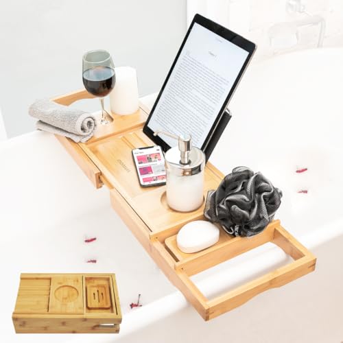 Foldable Bamboo Bathtub Tray Caddy - Expandable Bath Tray for Tub | Secure, Non-Slip Bathtub Caddy Tray for Tub for Bath Accessories, Bath Stuff ? Perfect Relaxing Gifts for Women and Spa Gift Set