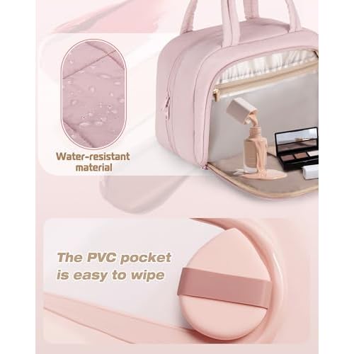 Travel Toiletry Bag for Women with Hanging Hook, Water Resistant Puffy Makeup Organizer with Leak Proof Pockets for Toiletries and Cosmetics - Pink (Bag Only)