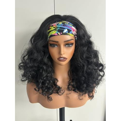 YAKI Body Wave Headband Wig Loose Curly Heabdand Wigs Glueless Synthetic Hair Natural Black Wigs for Black Women None Lace Front Wigs Headband Wigs 150% Density (Short)