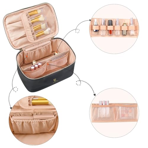 OCHEAL Makeup Bag, Portable Cosmetic Bag, Large Capacity Travel Makeup Case Organizer, Black For Women Toiletry Bag for Girls Traveling With Handle and Divider