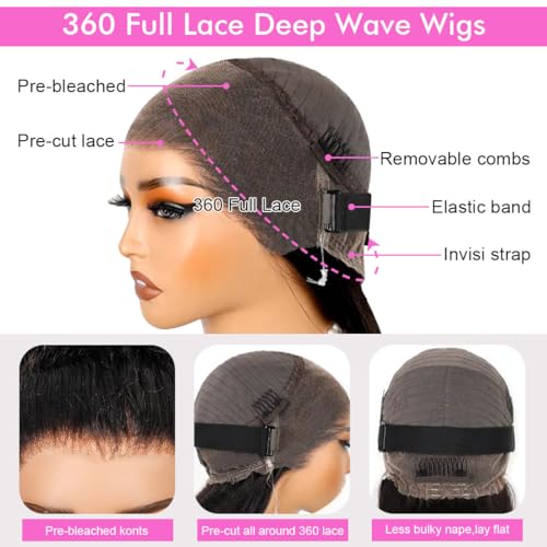Healthair Hidden Strap 360 Full Lace Front Wigs Human Hair Invisible Strap Pre Plucked Bleached Konts Pre Cut Lace Deep WaveHD Lace Frontal Wig with Drawstring 360 Glueless Wigs(24inch)