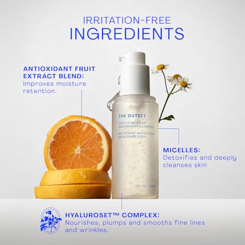 The Outset Gentle Micellar Antioxidant Cleanser - Gel Face Wash + Makeup Remover - Hydrating and Brightening - Fragrance Free for Sensitive Skin - Clean, Vegan, Gluten Free, All Skin Types - 5 fl oz
