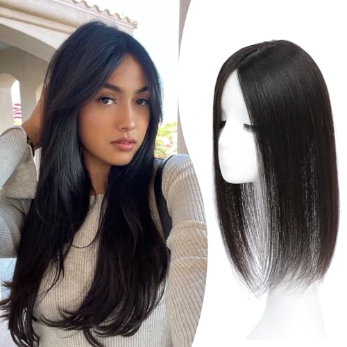 Fine Plus 16Inch Hair Toppers for Women Real Human Hair ? Mono Base 3"x5", Natural Black Virgin Quality, for Thinning Crown & Wide Parting, Lightweight & Breathable, Add Volume Can Be Curled