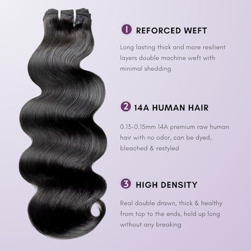 14A Raw Human Hair 3 Bundles Body Wave (18 20 22 Inch), 14A 100% Thick Soft Double Drawn Raw Indian Human Hair Bundles Long Lifespan No Tangle Premium Full-Bodied Quick Weaves #Natural Black