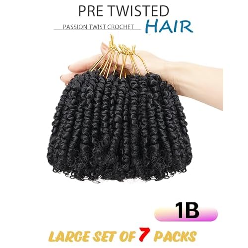 Super Short Passion Twist Crochet Hair for Black Women and Kids-4 Inch 7 Packs Natural Black Pre Looped Pretwisted Passion Twist Hair,Bob Spring Kinky Twist Bohemian Curl(4"-7P,1B#)