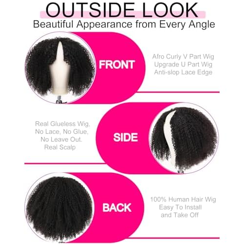 V SHOW Glueless Wigs V Part Wig Human Hair Afro Curly Wig No Leave Out Thin Part Human Hair for Beginner Friendly 180% Density Upgrade Upart Kinky Curly Wigs 20Inch