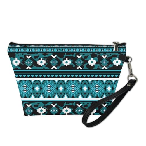 GIFTPUZZ Aztec Blue Cosmetic Makeup Bags Pouch Organizer Case Toiletry Storage Bag for Women Travel Gym Storage Brush Pouch Zippered Waterproof Coin Case