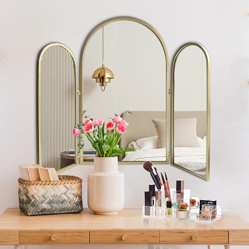 Trifold Vanity Mirrors 3 Way, 30 x 37in Adjustable Vanity Mirrors for Bathroom, Bedroom, Champaign Golden Arch Mirrors Wall Mounted Decoration, Braiding Hair, Makeup 360¡Æ Way