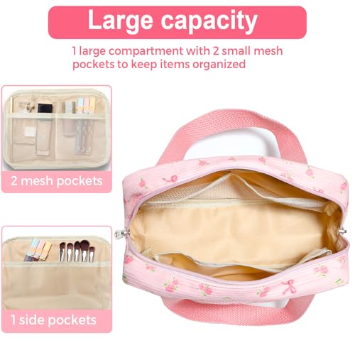 Small Makeup Bag for Purse Cute Corduroy Cosmetic Pouch with Zipper Travel Toiletry Bag for Women(Flower bow pink)