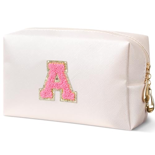 Initial Makeup Bag Personalized Preppy Cosmetic Bag Travelling Toiletry Bag Waterproof PU for Teenage Girls Women (white A)