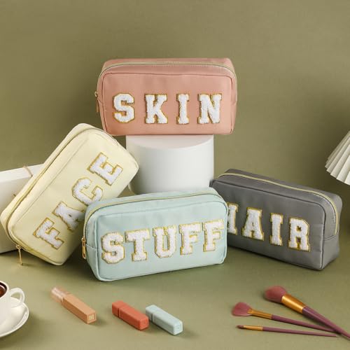 Cunno 4 Pcs Preppy Makeup Bags Chenille Letter Stuff Bag Nylon Cosmetic Pouch Cases with Zipper for Women Travel Toiletry