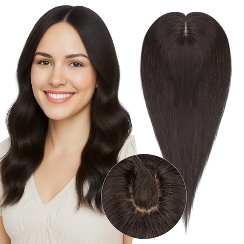 Real Human Hair Toppers for Women 3.54"*4.72" Silky Base 150% Density No Bangs Adjustable Parting Clip-In Topper Hairpieces for Women with Thinning Hair 10 Inches Natural Black