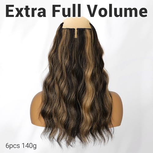 KooKaStyle Short Hair Extensions 6PCS 14 Inch Wavy Curly Hairpieces Synthetic Soft Lace Weft Clip in Hair Extensions-Balayage Dark Brown to Chestnut for Women