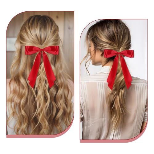 cobee 2 Pcs Red Hair Bow, Bow for Hair Satin Bows Hair Ties, Large Double Satin Ribbon Hair Clips Red Accessories for Holiday Party Women Girls Ponytail Holder