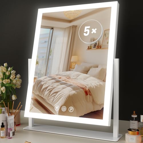 Lighted Makeup Mirror, 17.2"x13.6" Hollywood Vanity Mirror with Lights, Three Color Modes, Smart Touch Control, 360¡ÆRotation,with 5X Magnifying Glass