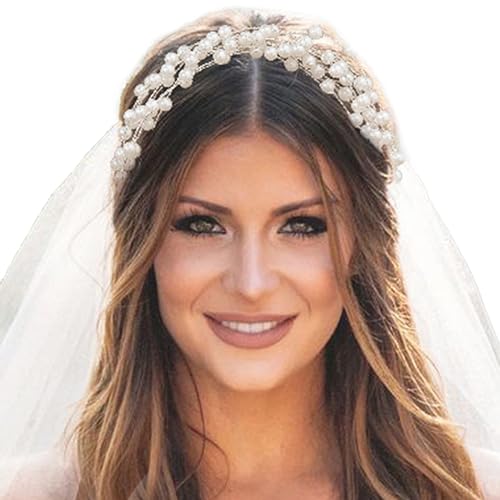 White Pearl Headpiece Elegant Bridal Headband Layered Ribbons Wedding Crown Circlet Multi-Layer Beaded Princess Hair Accessories for Bride Bridesmaid Flower Girl