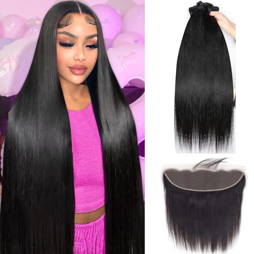 Human Hair Bundles with Frontal 3 Bundles with 13x4 Lace Frontal Free Part 12A Straight Hair 100% Unprocessed Brazilian Virgin (straight 3 bundles with frontal, 24 26 28+18)