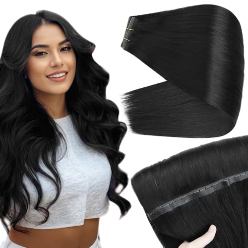 Full Shine Butterfly Weft Hair Extensions Human Hair Color Jet Black Inviisble Double Pu Hole Weft Extensions 22 Inch Long Straight Hair Genius Weft Remy Hair Add Length 100G