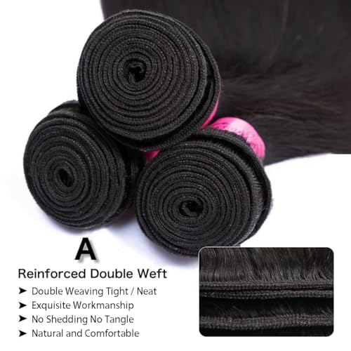 Straight Bundles Human Hair, 22 24 26 Inch Bundles Straight Hair Brazilian 12A Double Weft Hair Extensions for Black Women 100% Unprocessed Virgin Human Natural Black