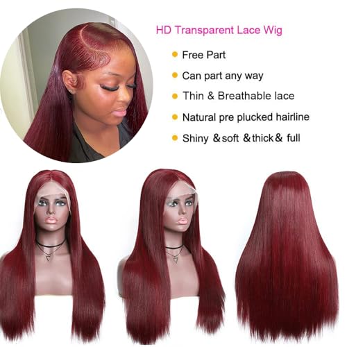 99J Burgundy Lace Front Wigs Human Hair 13x4 Straight Lace Front Wigs Pre Plucked Burgundy Wig Human Hair Straight Wigs for Women 180% Density Wine Red Wig 20Inch