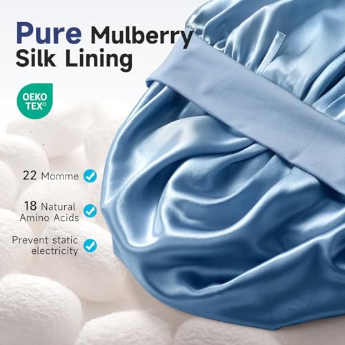 Umisleep Silk Bonnet, Soft Hair Bonnet for Sleeping, Real Mulberry Silk Lining, Bonnets for Women Hair Care, Double Layer Hair Cap with Tie, Large Silk Hair Wrap for Curly Long Hair, Blue